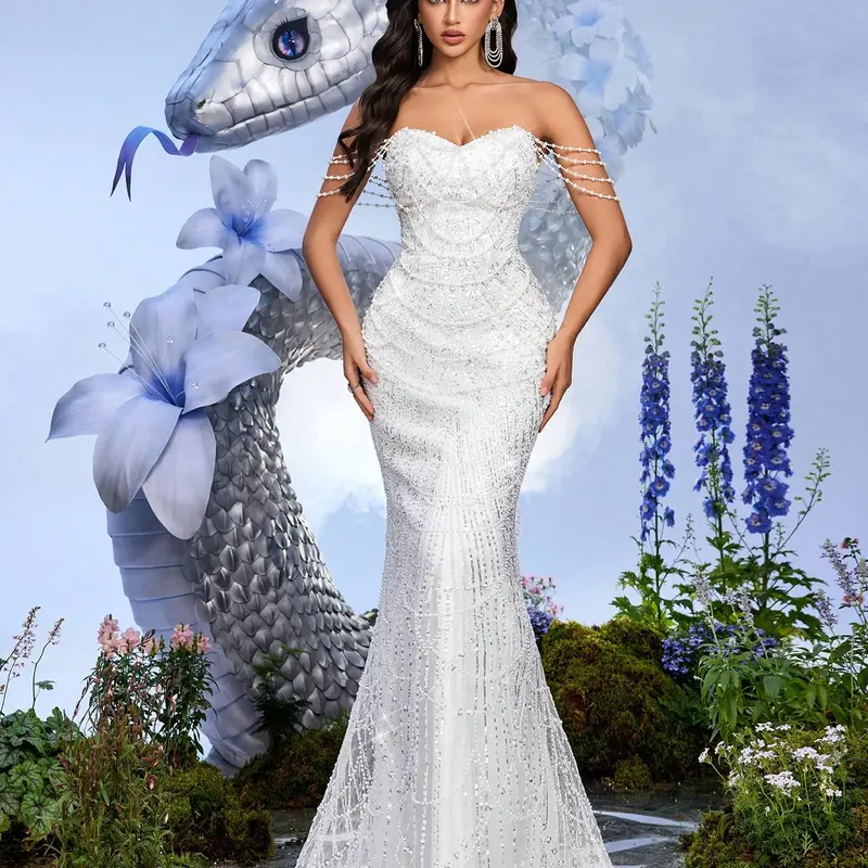 White Beaded Mermaid Evening Gown Strapless Formal Dress for Wedding Prom Maxi Length Woven Fabric Hand Beading Sequin Splicing Womenswear Elegant Fitted