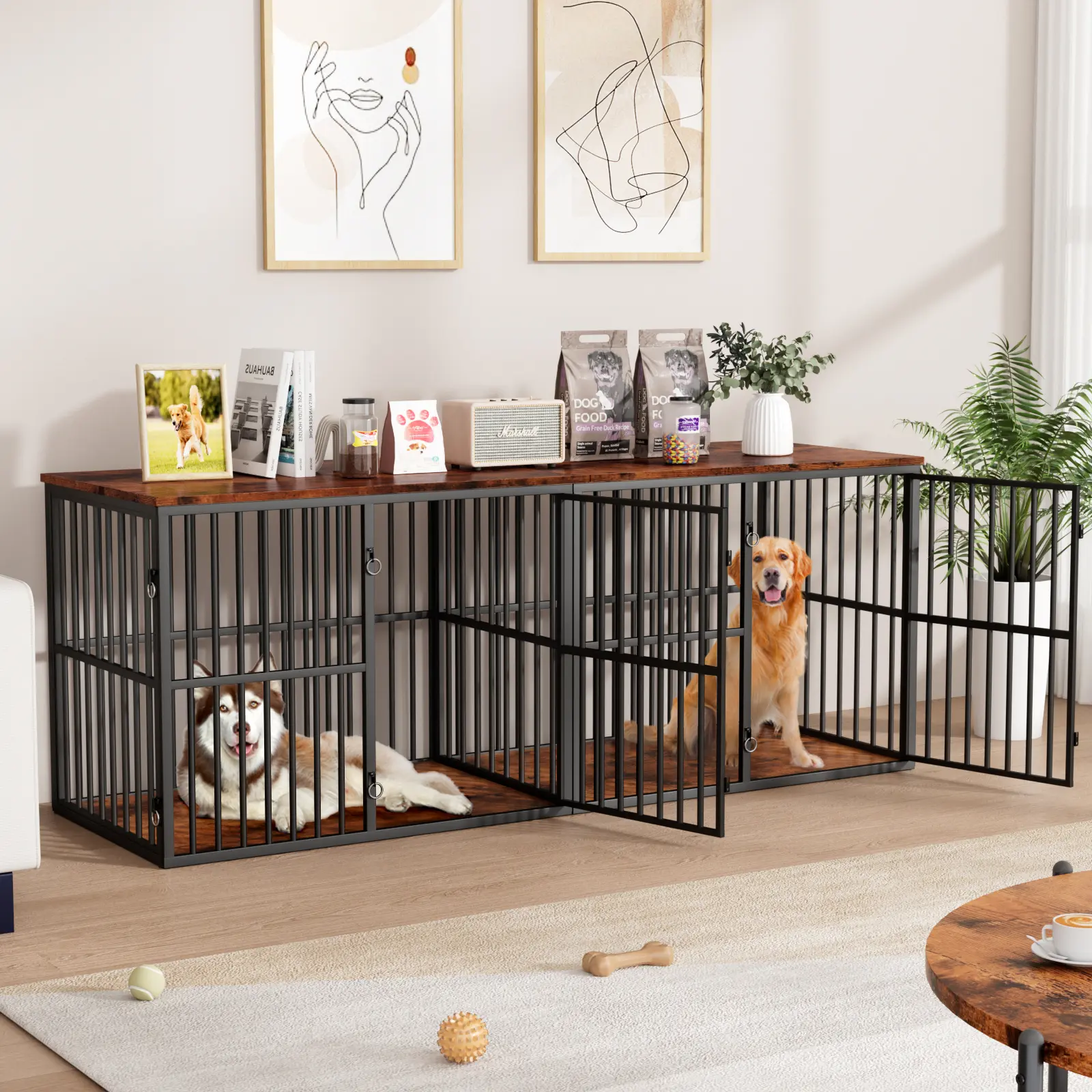 VOWNER 86.7" Double Dog Crate Furniture for 2 Large Dogs, Heavy Duty Wooden Dog Kennel with Removable Divider, XXL Dog Cage TV Stand End Table with 4 Doors, Double Locks for Each Door, Rustic Brown