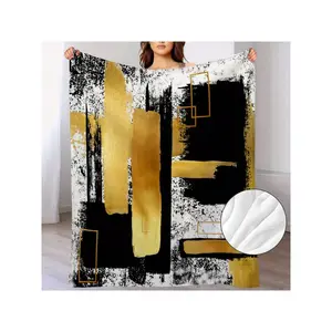 Luxury Abstract Black, Gold & White Brushstroke Art Blanket - Soft Cozy Decorative Throw with Golden Square Details