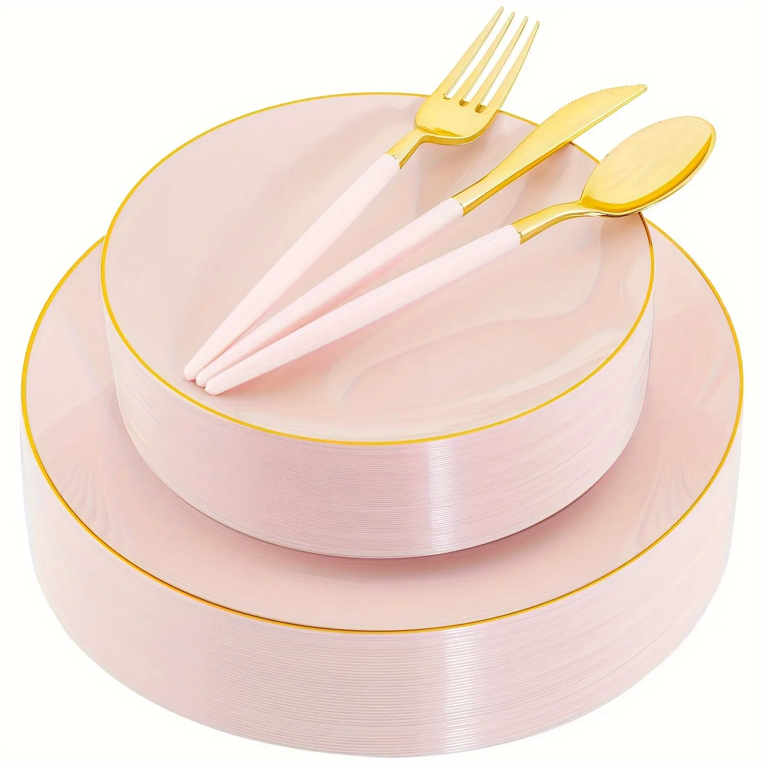 150PCS Pink Plastic Plates-Gold Plastic Silverware with Pink Handle - Pink Disposable Plates Include 30 Guests Plates, Forks, Spoons, Knives for Wedding & Party