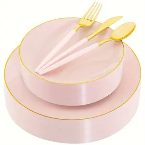 150PCS Pink Plastic Plates-Gold Plastic Silverware with Pink Handle - Pink Disposable Plates Include 30 Guests Plates, Forks, Spoons, Knives for Wedding & Party