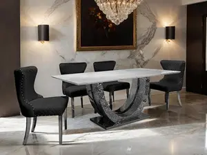 FM33003SV-5PC Portanova Hammered Silver Finish White Ceramic Stone Top Modern Dining Table Set