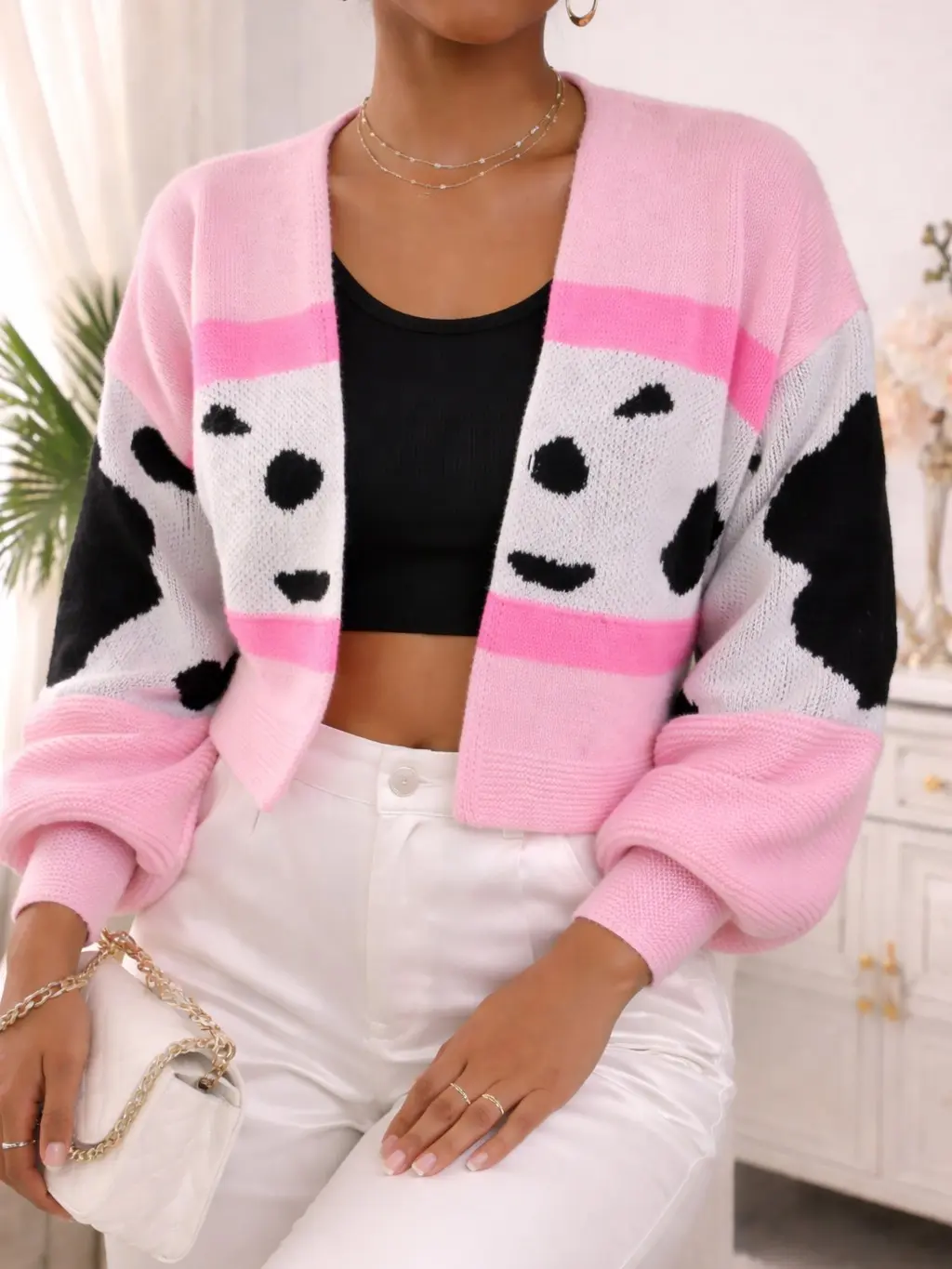 Pink Cow Print Cropped Cardigan