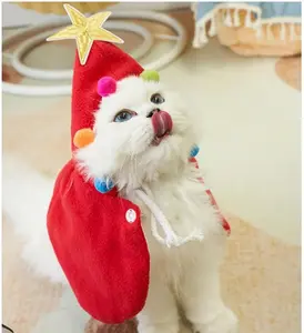 Pet Christmas Santa Outfit - Cloak & Star Pom Pom Hat for Small Dogs Cats | Xmas Elf Party Supplies Beauty Gift Bags