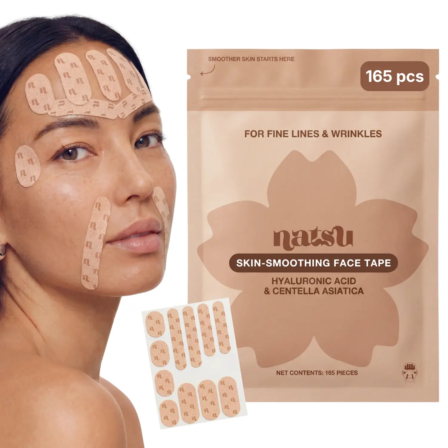 Face Tape - 165 Pre-Cut - Hyaluronic Acid & Centella Asiatica Cica - Overnight Wrinkle Smoothing Solution for Forehead, Smile Lines, Frown Lines - Cotton, Hypoallergenic, Latex-Free (Vanilla)