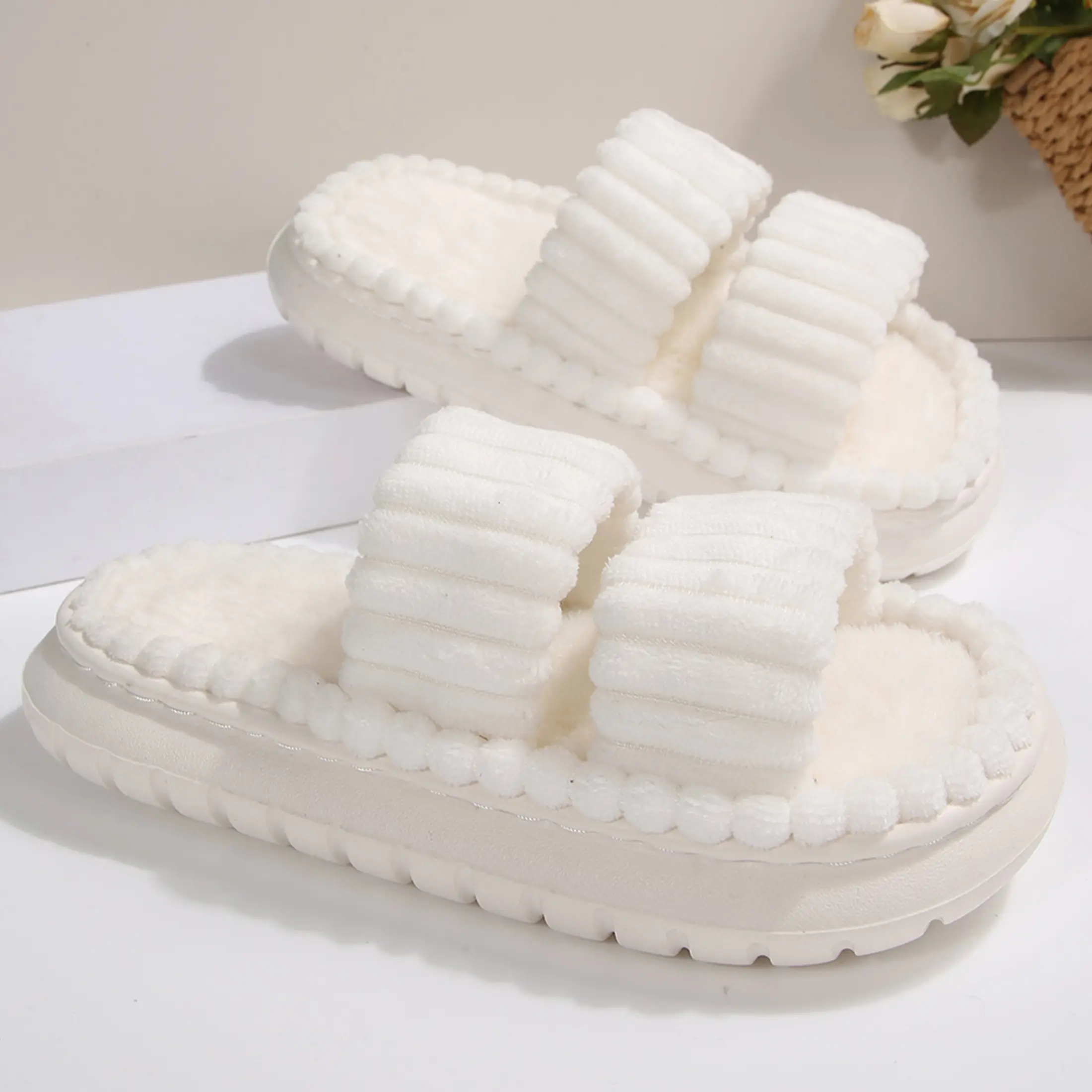 Fashion Women's Corduroy Fluffy Slippers - Double Strap, Platform Sole, Warm & Trendy House Slides