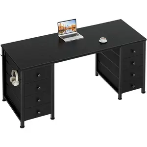 Black Gaming Desk with Fabric Drawers on Both Sides, 55 Inch Home Office Computer Study Writing Work PC Desk with 8 Storage Drawers Storage for Bedroom