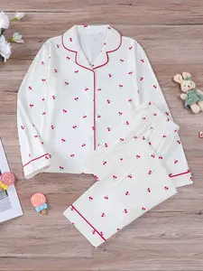 Cherry Print Pajama Set, Fruit Print Pajamas, Cute Collared Home Clothes, Spring & Fall Kids Sleepwear, New Arrival Long Sleeve Soft Casual Pajamas