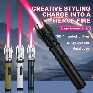 Torch Lighter Lightsaber Torch Red Flame Lighter Metal Windproof Gifts  Dad Grandpa Husband Boyfriend, Gift for Men 2025 Outdoor Kitchen Camping BBQ Grill Welding Cigar Tool, Black (Butane Not Included) Portable Stainless Steel Safety Lock Decor Ornaments