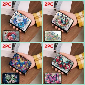 1 piece diamond painting kit card case, Pu Card Holder, butterfly, flower pattern, PU leather material, large-capacity multi-slot zipper design, suitable for holiday and daily use, with multiple credit card pockets, ID card storage bag, creative gifts