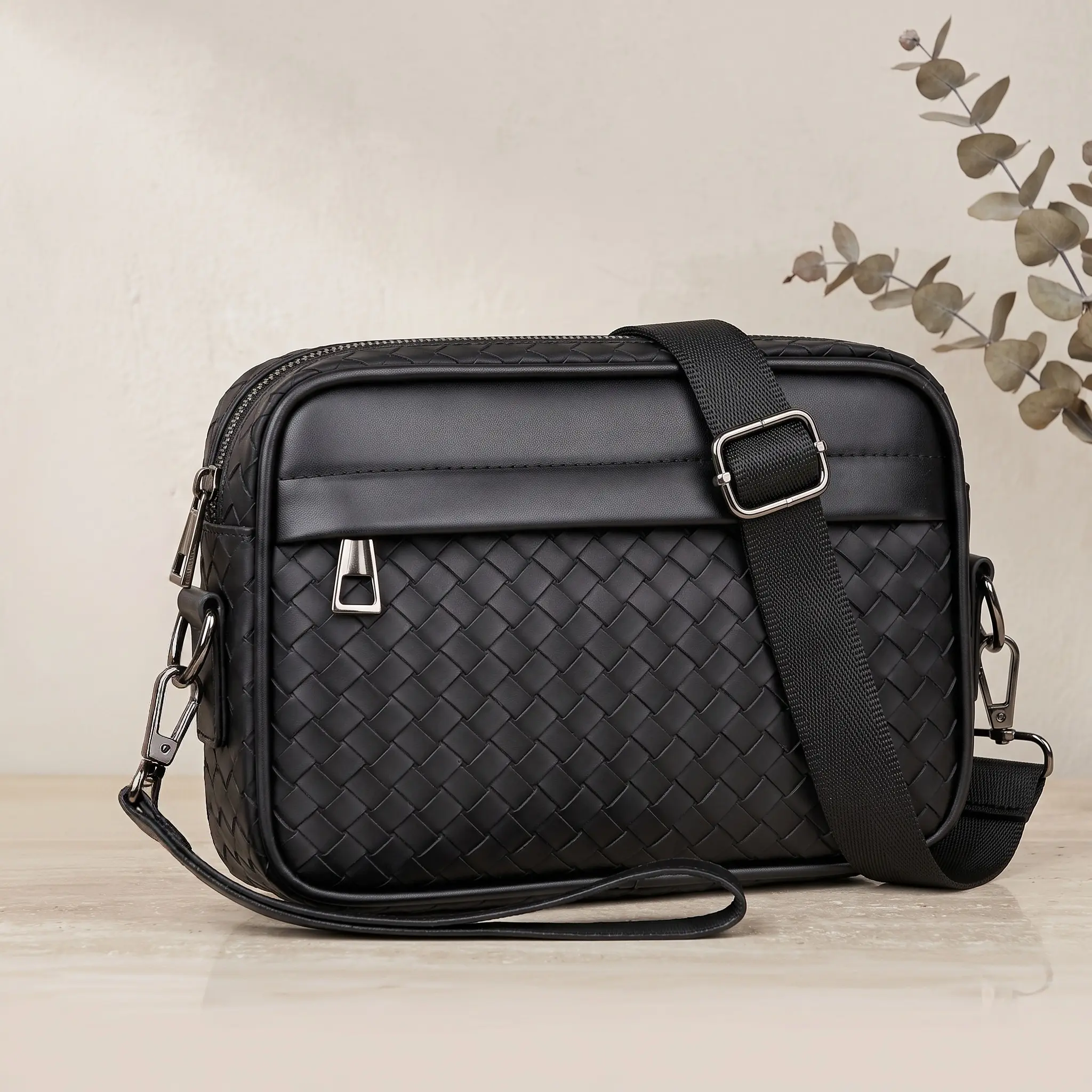 Premium Woven Vegan Leather Men's Crossbody Bag | Casual Commuter Messenger Bag with Braided Texture | Wear-Resistant Shoulder Pack for Travel