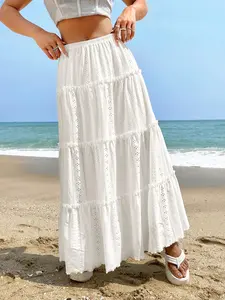 Women's 1pc Solid  Eyelet-Punched Tiered Maxi Skirt   (Coastal Minimalist Summer Vibe Style), Lightweight Breathable Fabric & Elastic Smocked Waist & Flowy Ruffled Layers & Subtle Perforated Dot Detail Design ，flared skirt