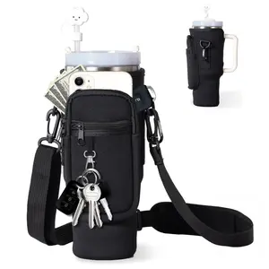 Water Bottle Carrier Bag with Phone Pocket for Stanley 40/30 oz Tumbler， Neoprene Water Bottle Holder Pouch with Adjustable Strap Bollus with Straw Cover & Carabiner New Year Gift Valentine's Day gift