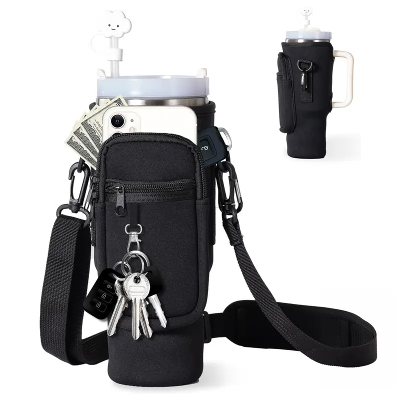Water Bottle Carrier Bag with Phone Pocket for Stanley 40/30 oz Tumbler， Neoprene Water Bottle Holder Pouch with Adjustable Strap Bollus with Straw Cover & Carabiner New Year Gift Valentine's Day gift