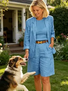 Women's 2-Piece Linen Blend Suit - Short Sleeve Blazer, High Waist Shorts, Slimming Minimalist Fabric, Casual Office Summer Everyday Outfit
