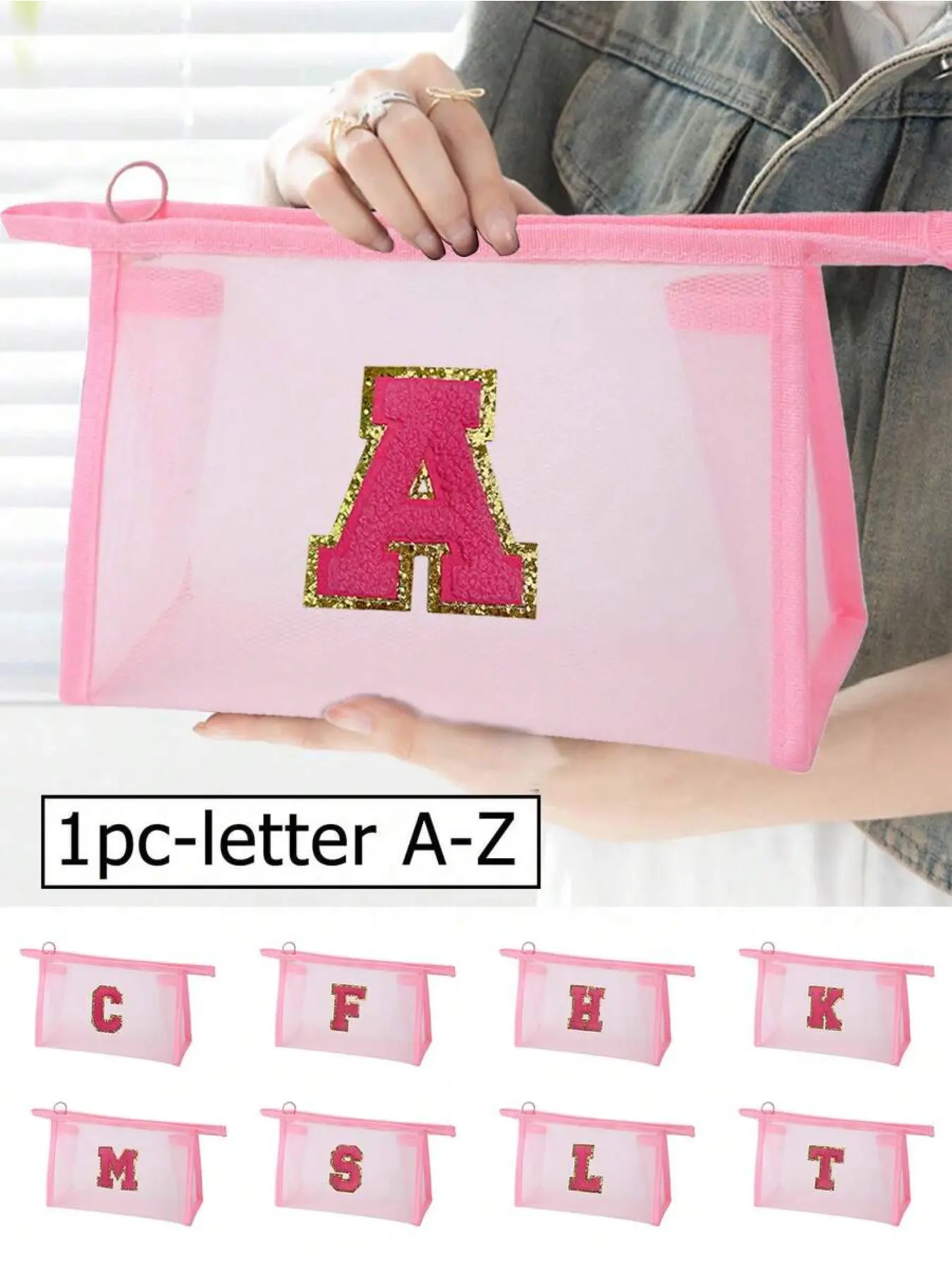1PC Pink Mesh Bag, Large Capacity With Rose Name Initials, Towel Embroidered Letters A-Z, Transparent Mesh Cosmetic Bag, Multi-Functional Travel Portable Bag, Lipstick Skincare Product Storage Washing And Makeup Bag, Student Stationery Bag