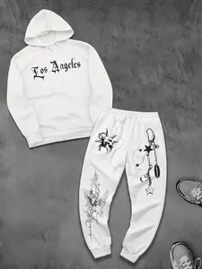 Los Angeles Graphic Print Hoodie & Joggers Set | Y2K Gothic Angel Streetwear 2-Piece Tracksuit for Men & Women | Oversized Baggy Sweatshirt Outfit for Casual Street Style