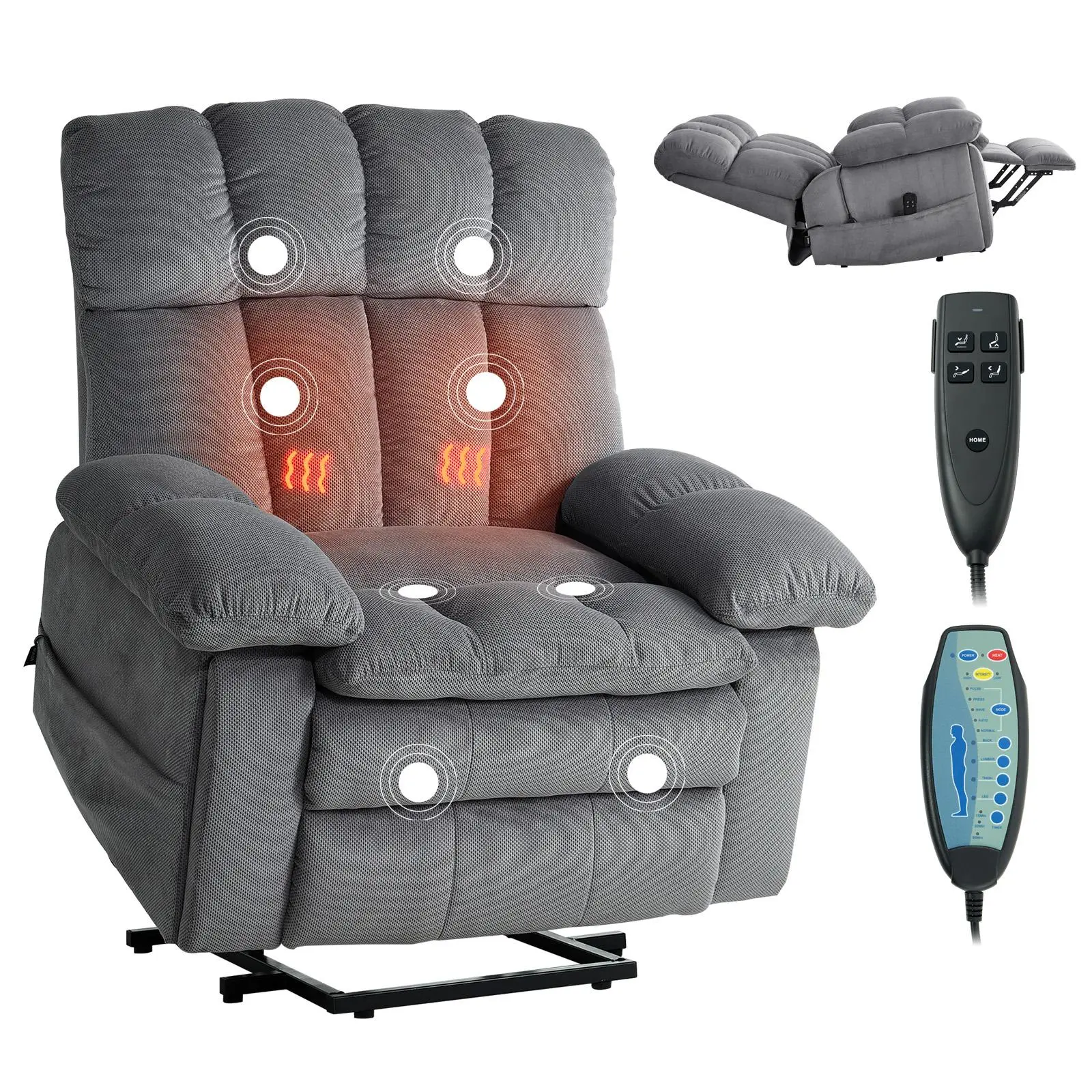 VEVOR Sturdy Oversized Dual-Motor Power Lift Recliner Chair - Chenille Fabric, Heated Lumbar Massage, Infinite Recline, Remote Control, Timer, Standup Assist, Shape-Hold Foam, Pocket Storage, Cup Holders, 350 Lb Capacity, Light Gray#SohoChic