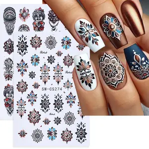 2pcs Bohemian Nail Stickers Black Brown Retro Embroidery Boho Style Flower Design Adhesive Nail Decals DIY Manicure Slider Decor