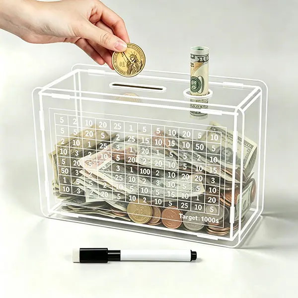 Creative Home Decor Coin Bank，Clear Acrylic Unbreakable Piggy Bank for Adults, Money Saving Challenge Box for Cash Coin，Target Number Design, High-Definition Visual, Desktop Change Collector, Unique Gift Idea