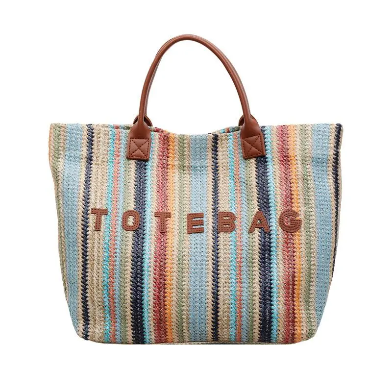 Handwoven Women's Rainbow Striped Letter Tote Bag - Lightweight Versatile Tote, Large Capacity Backpack, Casual Everyday Bag for Daily Commute and Vacation, Daily Commute Bag