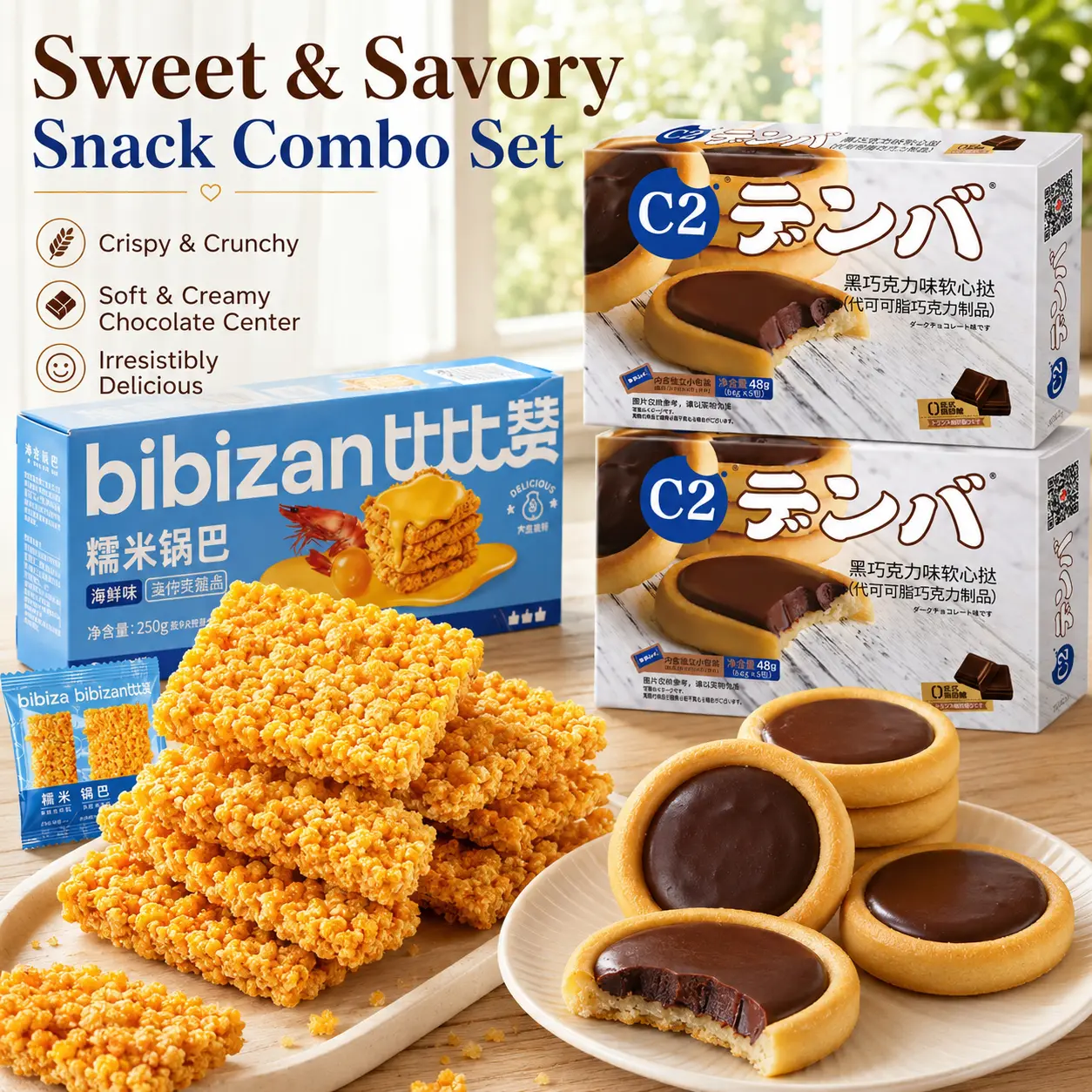 Seafood Glutinous Rice Chips & Chocolate Soft Heart Tarts Gift Set – 2 Boxes of Gooey Filled Chocolate Pastries + Savory Umami Crispy Rice Crackers, Individually Wrapped Sweet & Savory Snack Duo for Lunch Box, Office, Party & On-the-Go
