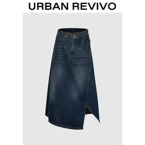 URBAN REVIVO Women's Mid-Waist Knee-Length Jeans Fabric Skirt - Washed Denim Dark Wash Bottom, Chic 2025 Casual Outfits Piece, Jeans Fabric Skirts