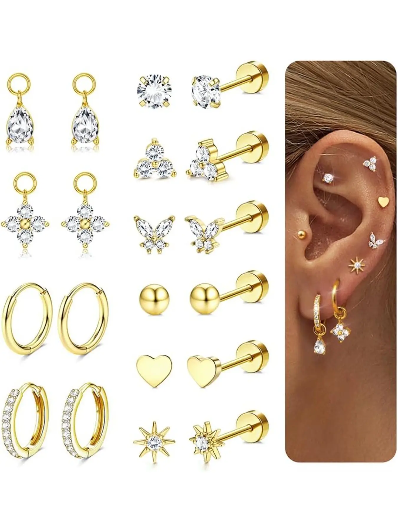 10 Pairs Silver/Gold Earrings for Women Flat Back Earrings Hypoallergenic Steel Earrings for Sensitive Ears Hoop Stud Sleeper Earrings Cartilage Tragus Helix Piercing Jewellery Heart Shaped Earrings