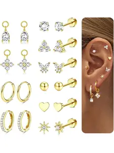 10 Pairs Silver/Gold Earrings for Women Flat Back Earrings Hypoallergenic Steel Earrings for Sensitive Ears Hoop Stud Sleeper Earrings Cartilage Tragus Helix Piercing Jewellery
