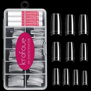 Krofaue 100PCS Clear False Nails Tips & Nail Gule Kit, 10 Sizes, Half Cover French Style Acrylic Tips, 3Pcs Glue for Extension, DIY Nail Art for Salons & Home