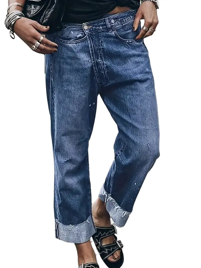 Women's Retro Crossover Waist Jeans - Baggy Straight-Leg Denim with Asymmetrical Button Front and Cropped Raw Hem for Everyday Wear