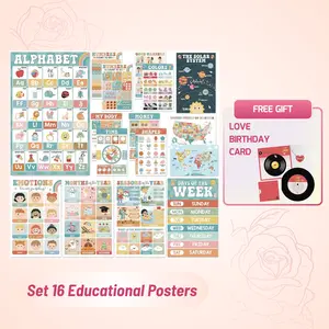 [Gift] 16pcs Boho Educational Posters for Classroom & Kindergarten 11x17 Laminated PreK Learning Charts ABC Alphabet Shapes Colors Weather Days of the Week 18 Engaging Topics for Comprehensive Child Development