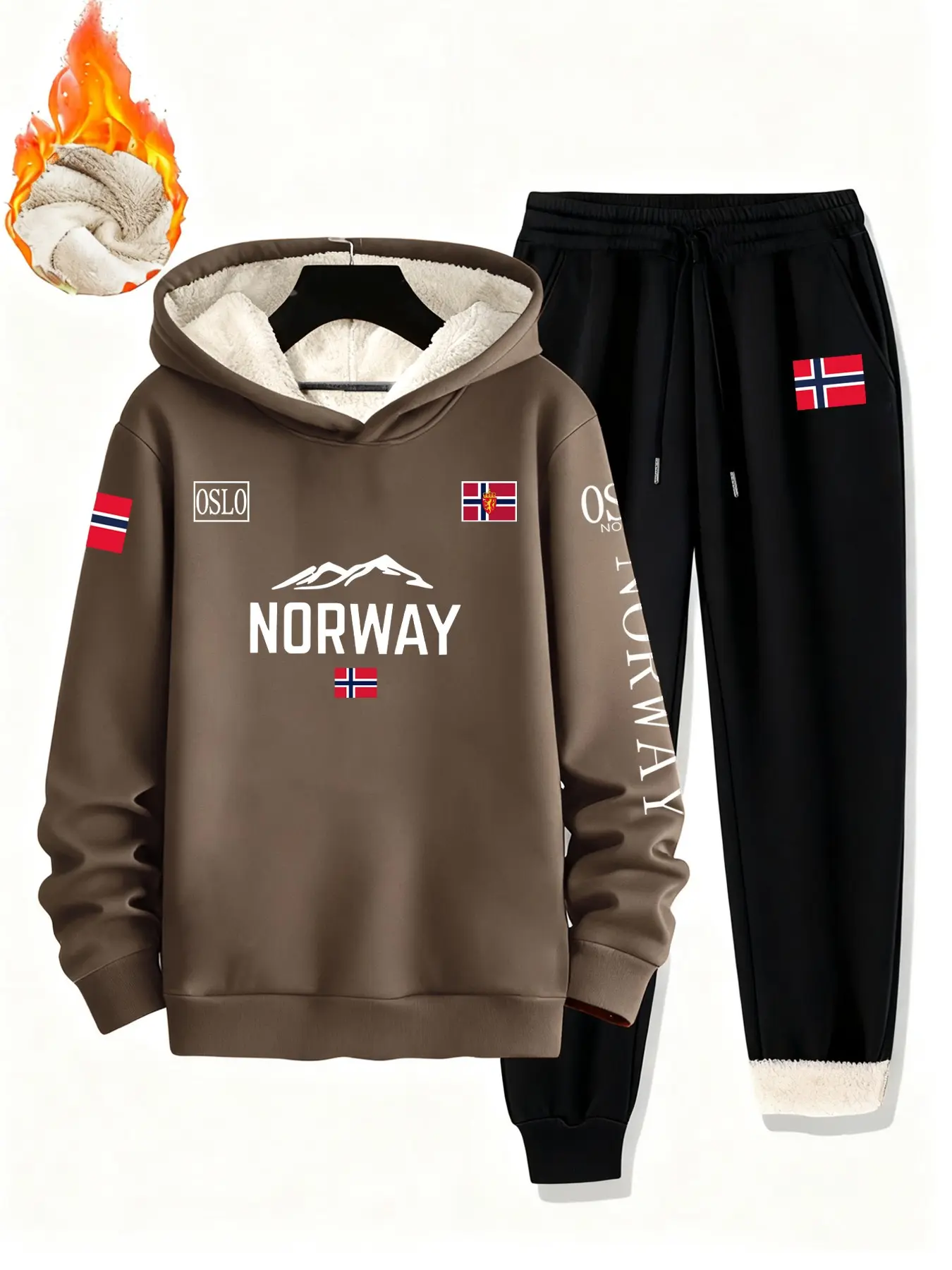Men's Fall Winter Warm 2-Piece Set Fleece Lined Thick Lamb Wool Fitted Hoodie + Drawstring Casual Norway Flag Pants Outdoor Leisure Wear