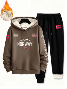 Men's Fall Winter Warm 2-Piece Set Fleece Lined Thick Lamb Wool Fitted Hoodie + Drawstring Casual Norway Flag Pants Outdoor Leisure Wear