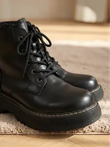 Women's Stylish Chunky-Soled Lace-up Ankle Boots-BLACK Girl Footwear Comfort Walking Shoes Pu Bathroom Onyx