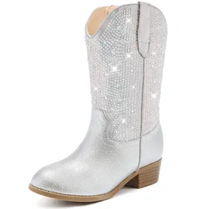 Rhinestone Sparkly Girls Cowgirl Cowboy Boots Little Kids Dress Boot Pointed Toes Low Heel Mid Calf Zipper Party Birthday Toddler to Big Kid