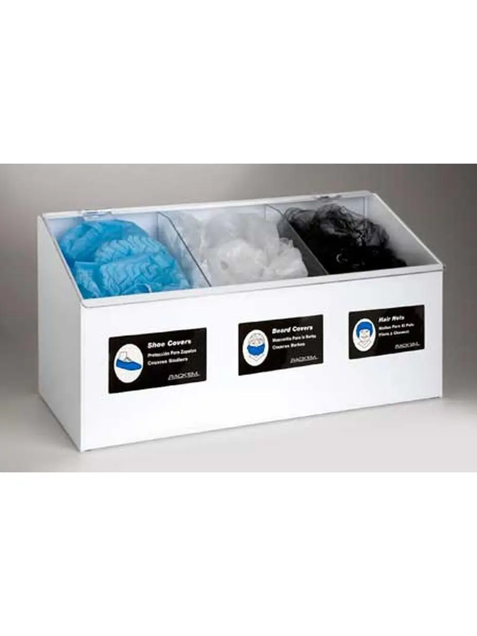 RackEm Racks 3-Compartment Plastic Home Organizer - Multi-Function Wall & Table Mount Dispenser for Shoe Organization, Hair Nets, Beard Covers, Shoe Covers