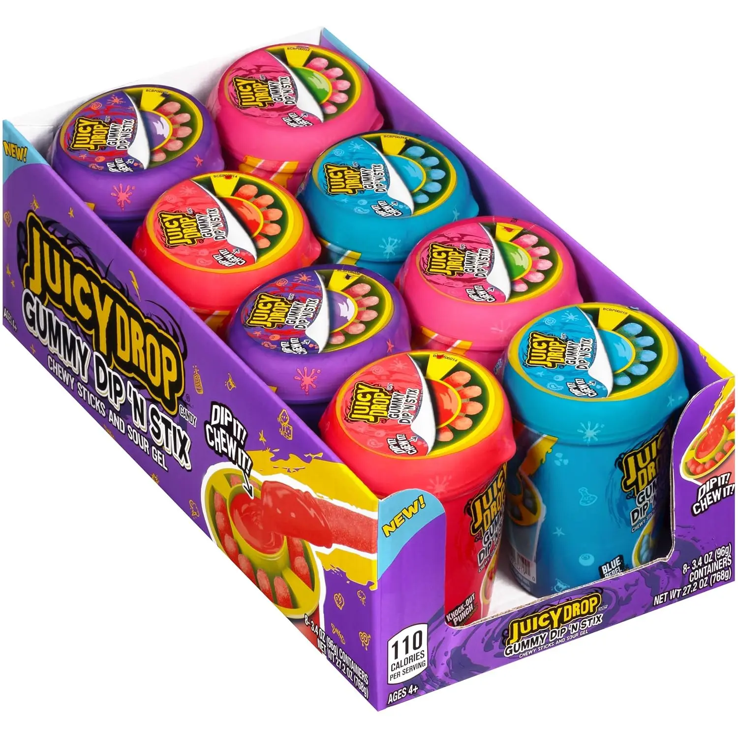 Juicy Drop Gummy Candy Dip ‘N Stix, Sweet Gummy Candy Sticks W/ Sour Dipping Gel Pack of 8