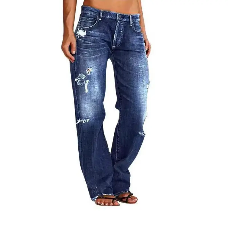 Women's Plus-Size Oversized Baggy Denim Pants - Mid-Rise, Ripped Straight-Leg, 90s Hippie Streetwear, Bleached, Knitting Detail, Button Closure, Pocket, Cold Wash, Casual Sports & Outdoor Bottoms, Plussize