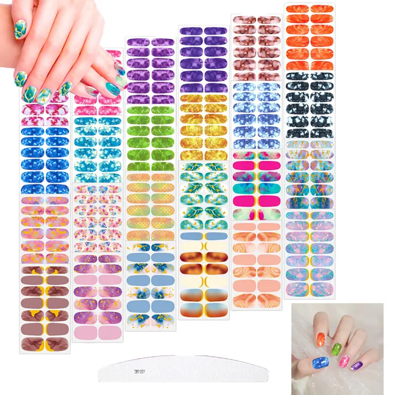 24 Sheets Full Nail Stickers, 336 Pcs Solid Color & Marble Nail Wraps with Moon Shape Nail File, Self-Adhesive Removable Nail Polish Strips, Non-Toxic Nail Art Decals for Home Salon Travel Use
