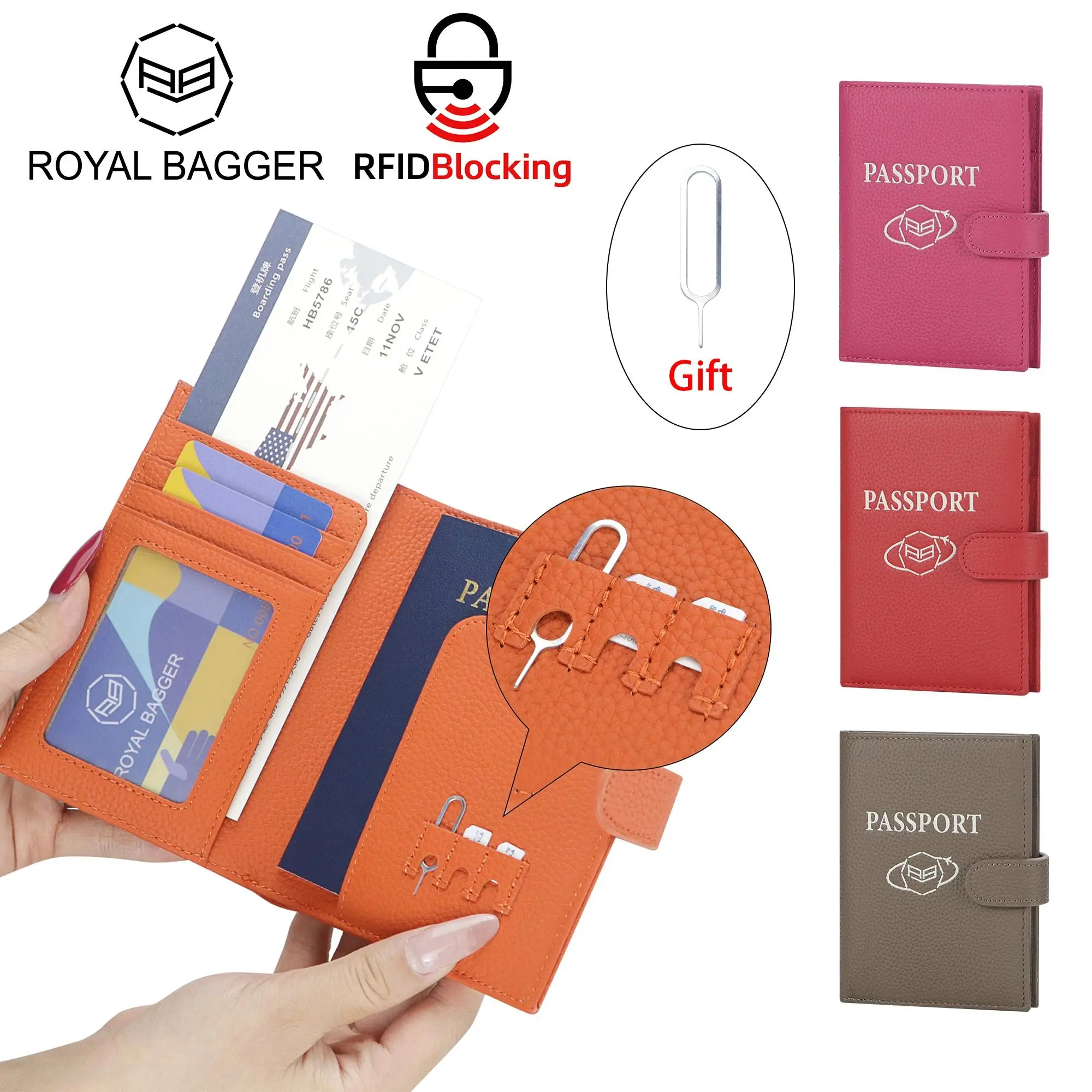 Royal Bagger Chic Genuine Leather Passport Wallet for Women, RFID Anti-Theft Travel Protector with SIM Card Tool and Buckle, Passport Protector