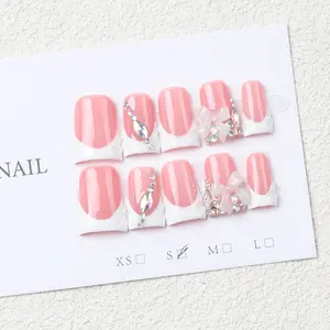 Handmade Press On French Full Cover Stylish Acrylic Fake Nails, 10 Pieces, Butterfly Knots and Rhinestones, Perfect for Parties and Daily Wear