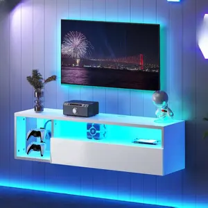 Floating Wall TV Cabinet Stand with LED Lights, Wall Mounted TV Stand with 3 Storage Shelves, Modern Entertainment Center Media Table for Living Room, Bedroom, 20-Color LED Lighting, Durable E1 Particleboard, 39.3x11.8x11.8 Inches, TC01WH100
