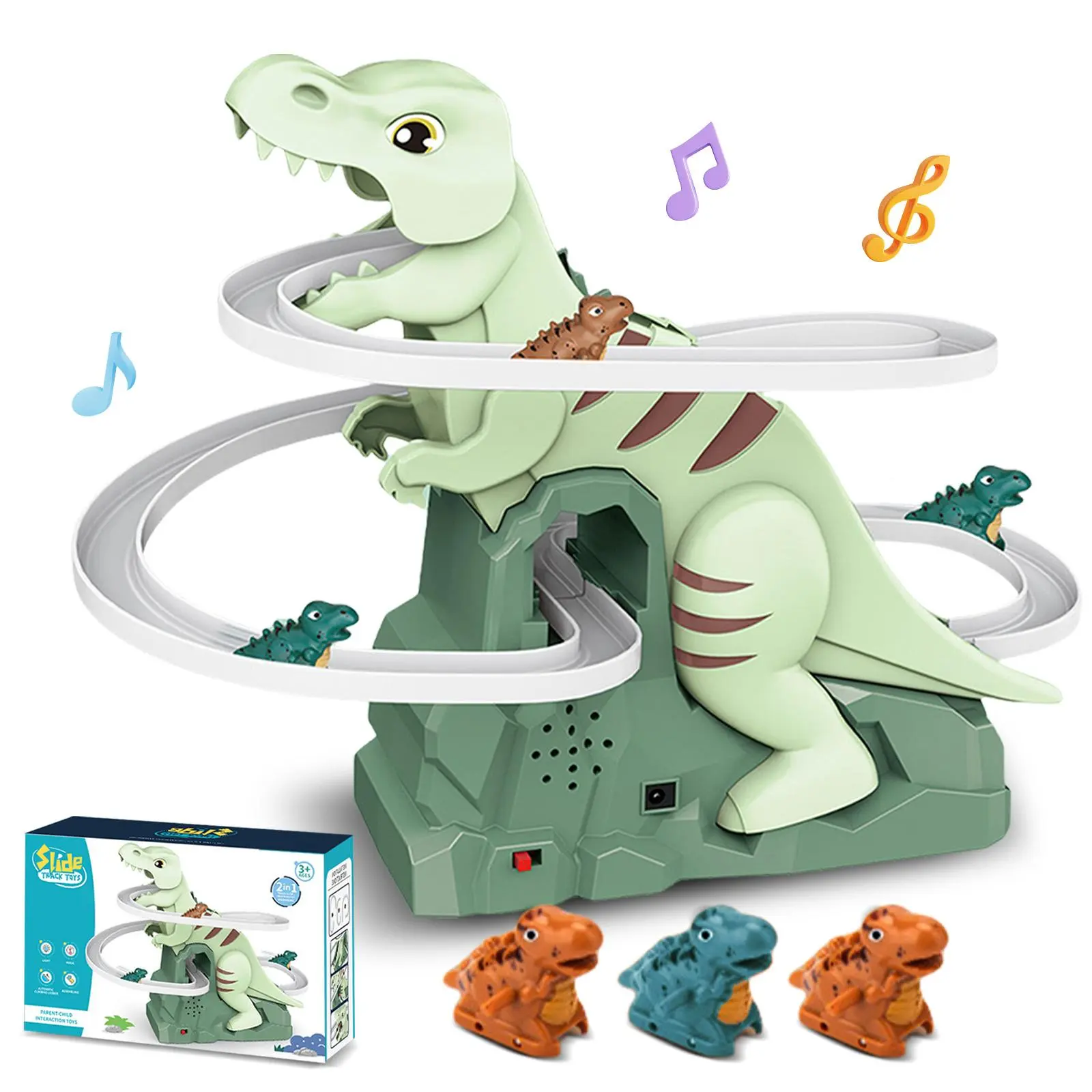 Dinosaur chase, track game, track sliding toy, stair climbing toy, dinosaur roller coaster toy with lighting and music, gifts for children, boys and girls over 3 years old.