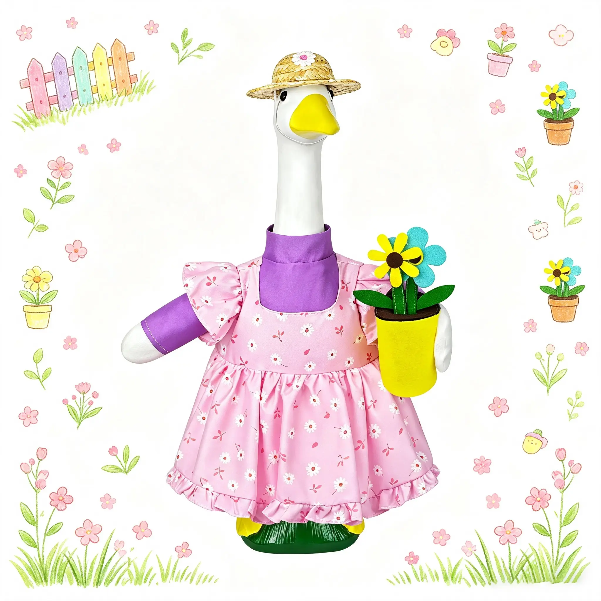 23 Inch Porch Goose Outfit Spring Gardener Costume Set, Pink Daisy Floral Ruffle Dress with Purple Inner Outfit, Straw Hat & Hand‑held Potted Flower Accessory, Lawn Goose Statue Clothes for Yard Patio Porch Spring Easter Garden Party Decor