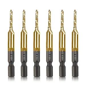 6-pc 6-32NC Combination Drill Tap Bit Set SAE, 6-32NC Thread Size, Titanium Coated High-Speed Steel, Ideal for Drilling Threading and Countersinking in Soft Metal  and Plastic, 1/4" Hex Shank