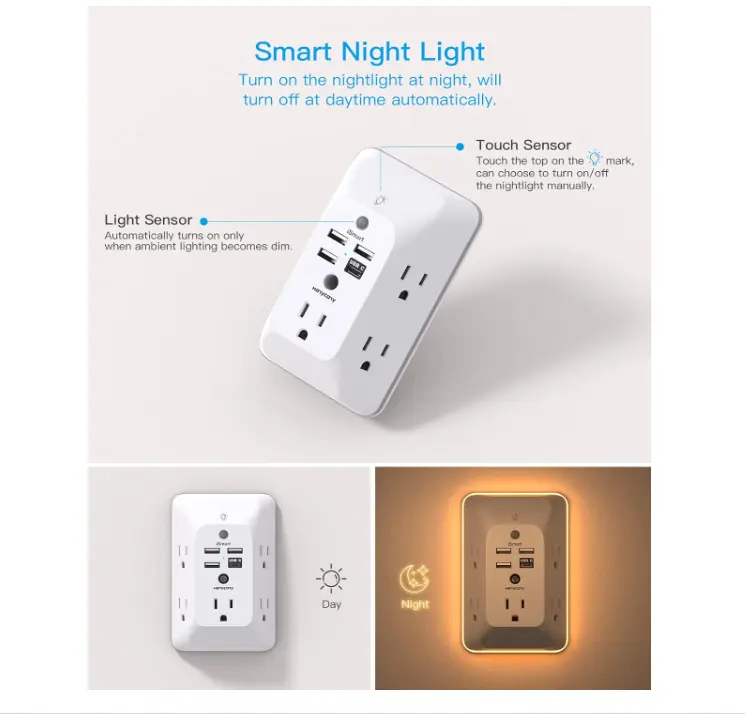 Outlet Extender with Night Light, HANYCONY Multi Plug Outlet, USB Wall Charger Surge Protector 4 USB Ports(1 USB C), Power Strip Electrical Outlet Splitter Expander for Home Office Dorm Room, ETL