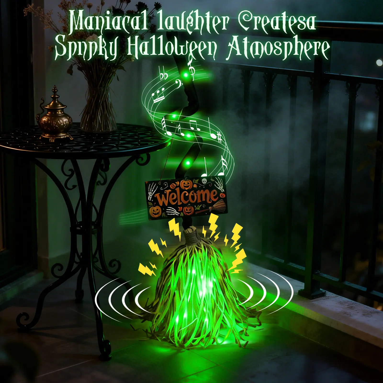 Animated Floating Witch Broom Halloween Decor with Welcome Sign, Glowing Lights & Spooky Sounds, Touch & Sound Activated, Auto Obstacle Avoidance, Bendable Foldable, Spooky & Silent Modes, Stable Base Easy Setup for Front Door Indoor Holiday Displays