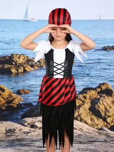 Girls' Pirate Theme Two-Piece Costume Set, Digital Print Dress with Asymmetrical Sleeves, Halloween Party Performance Wear
