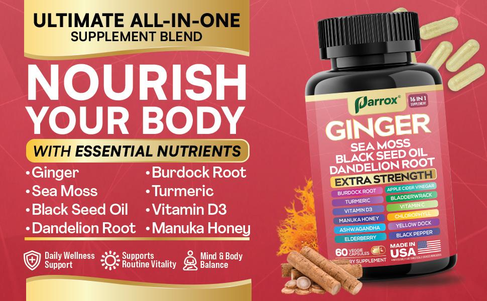 PARROX Ginger Multivitamin Supplement - Overall Wellness and Dietary Support - 16+ Extra Strength Ingredients - 60 Veggie Capsules - Made in USA PARROX Ginger Multivitamin Supplement - Overall Wellness and Dietary Support - 16+ Extra Strength Ingredients - 60 Veggie Capsules - Made in USA